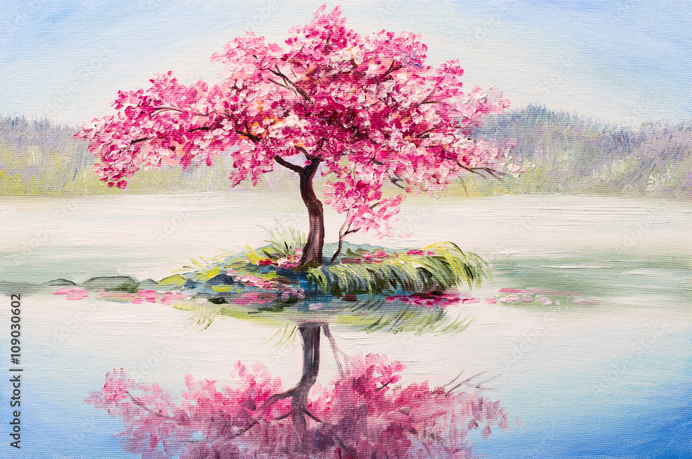 Obraz obraz olejny krajobraz, orientalne drzewo wiśni, sakura na jeziorze