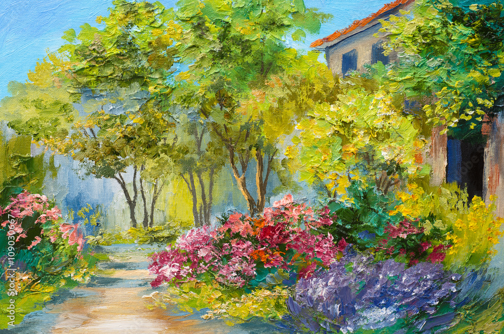 Fototapeta premium Oil Painting - house in the summer forest