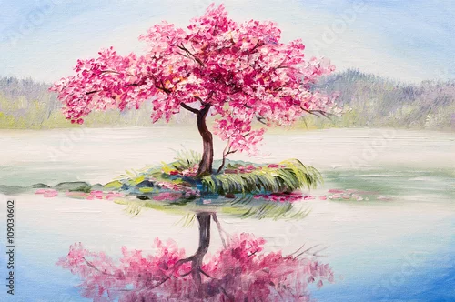 Obraz obraz olejny pejzaż, orientalna wiśnia, sakura na jeziorze