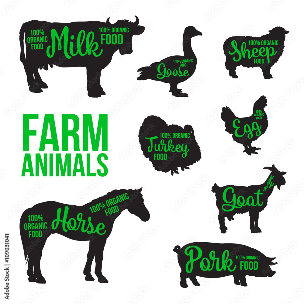 Black contour farm animals with a green inscription inside, vector set of  different animals, cattle, poultry, horned animal, domestic goose, food,  animal outline for the product Stock Vector | Adobe Stock