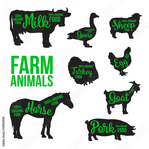 Black contour farm animals with a green inscription inside  vector set of different animals  cattle  poultry  horned animal  domestic goose  food  animal outline for the product