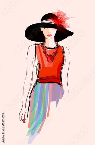Fashion woman model with a black hat