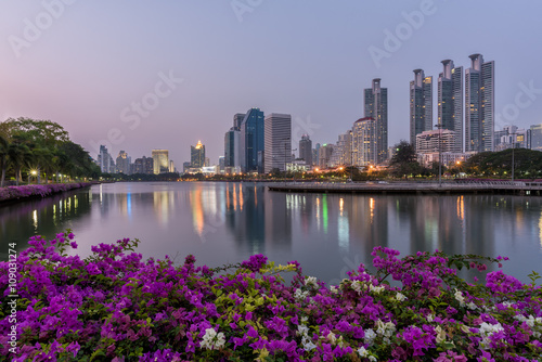 Bangkok city with park at night with reflection of skyline, Bangkok,Thailand