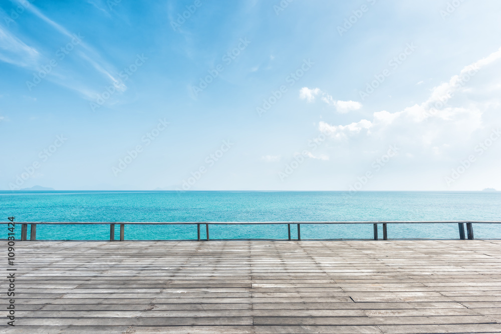 wooden floor with beautiful ocean and blue sky scenery