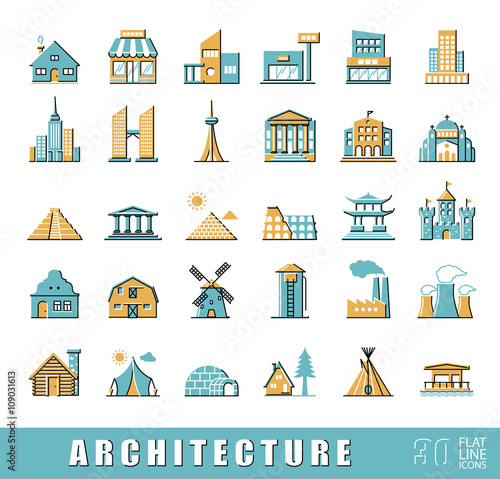 Buildings and architecture icons set. Various styles and building purposes. Buildings for living and work, monumental buildings. Collection of flat line building and landmark icons.