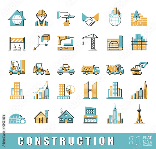Set of construction icons. Collection of flat line vector icons presenting various stages of building process. Civil engineering. Work on construction site.
