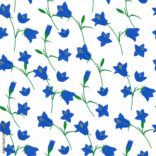 Floral seamless pattern with hand drawn bluebell flowers on the white background. Vector background.