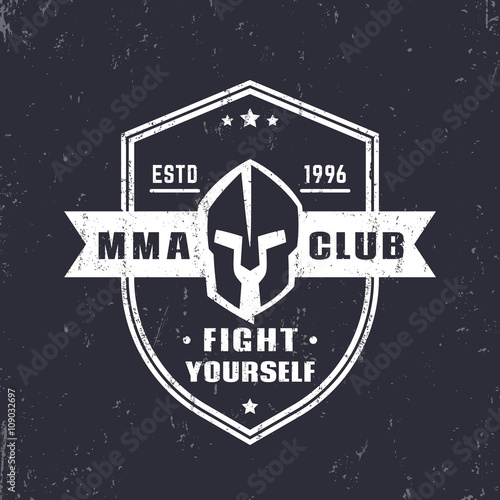 MMA club shield shape emblem, logo with spartan helmet, vector illustration