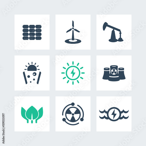 Power, energy production icons on squares, energetics, different sources of energy, solar, wind, nuclear energetics, vector illustration