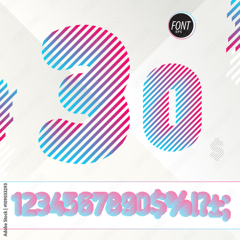 DJ style numbers. Striped colorful alphabet with gradient. Best to use for posters, parties flyers, stylish invitation for events and web design. Vector illustration. DJ style numbers. Striped colorful alphabet with gradient. Best to use for posters, parties flyers, stylish invitation for events and web design. Vector illustration.