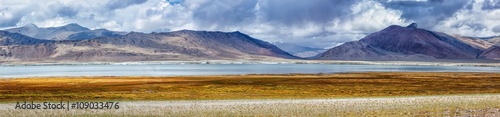 Panorama of mountain lake Tso Kar in Himalayas