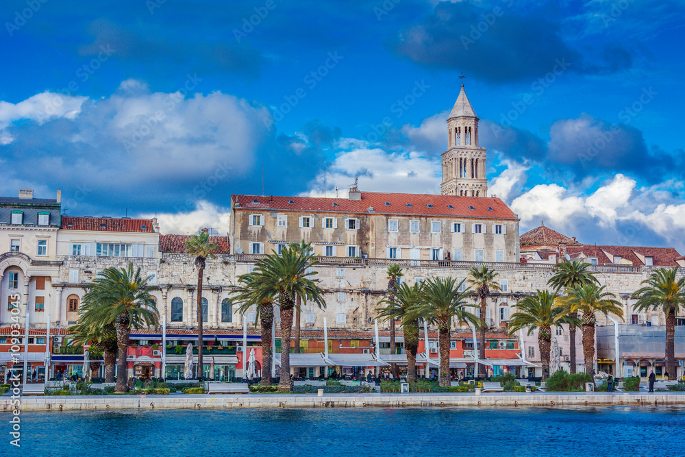 Split Croatia cityscape waterfront. / Waterfront cityscape of promenade in Split with Diocletian Palace.