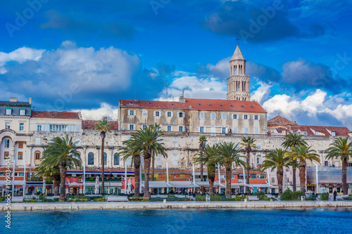 Split Croatia cityscape waterfront. / Waterfront cityscape of promenade in Split with Diocletian Palace.