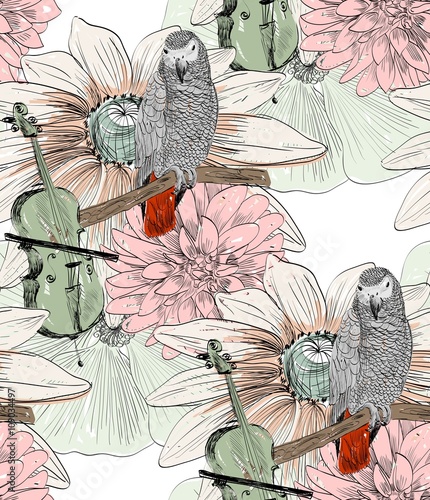Vector sketch of a parrot with flowers. Hand drawn illustration