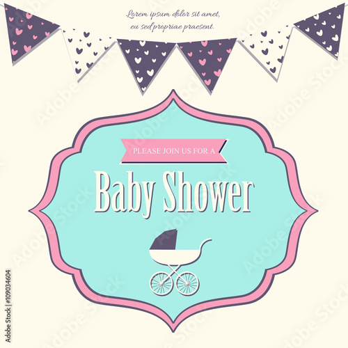 Baby shower invitation card template with baby carriage. Cute baby shower greeting card. Newborn card. Vector illustration, eps 10