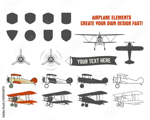 Vintage airplane symbols. Biplane vector graphic labels. Retro Plane badges, design elements. Aviation stamps vector collection. Fly propeller, old icon, shield isolated on white background