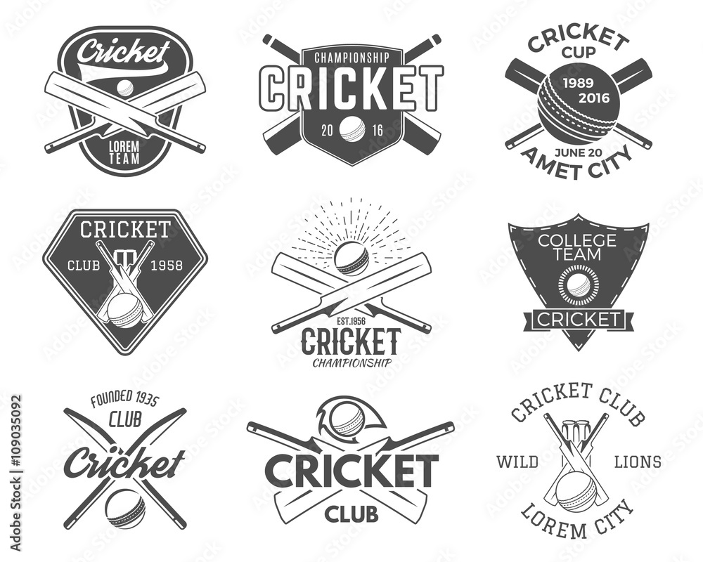 Set of cricket sports logo designs. Cricket icons vector set. Cricket emblems design elements. Sporting tee designs. Cricket club badges. Sports symbols with cricket gear, equipment for web or t-shirt