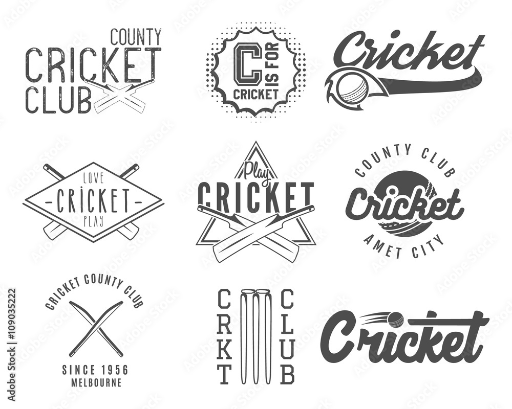 Fototapeta premium Set of cricket team emblem and design elements. Cricket championship logo designs. Cricket club badges. Sports symbols with cricket gear, equipment. Use for web or tee design or print them