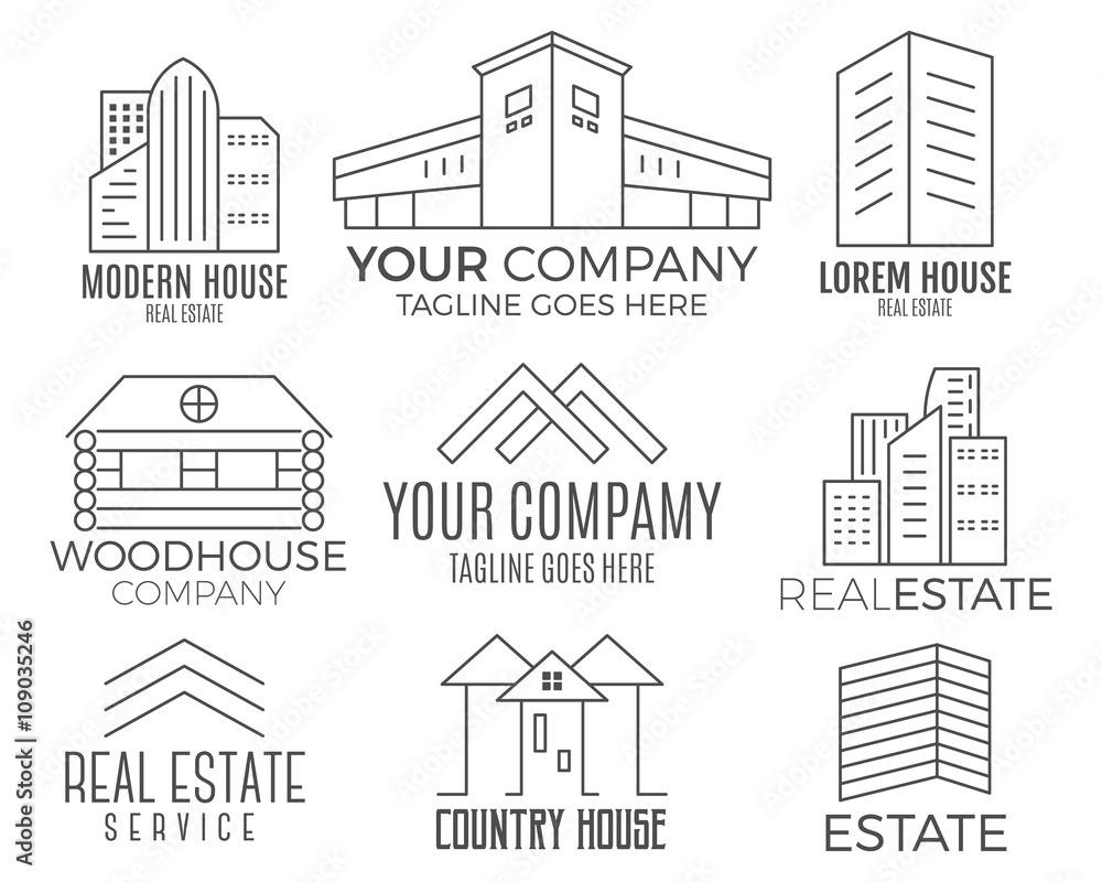 Set of vector house logo designs, real estate icon suitable for info graphics, websites and print media. Vector, flat icon, badges, labels, clip art. Lineart style. Thin line design