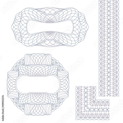 Set Guilloche Elements. Decorative Rosettes and Border on a White Background.