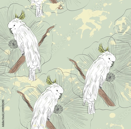 Vector sketch of a parrot with flowers. Hand drawn illustration