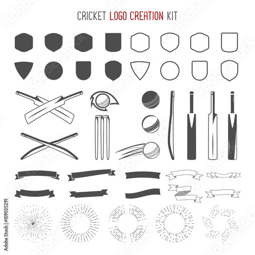 Cricket logo creation kit. Sports logo designs. Cricket icons vector set. Create your own emblem design fast. Sports symbols, elements - ball, bats, shapes, cricket gear, equipment for web or t-shirt