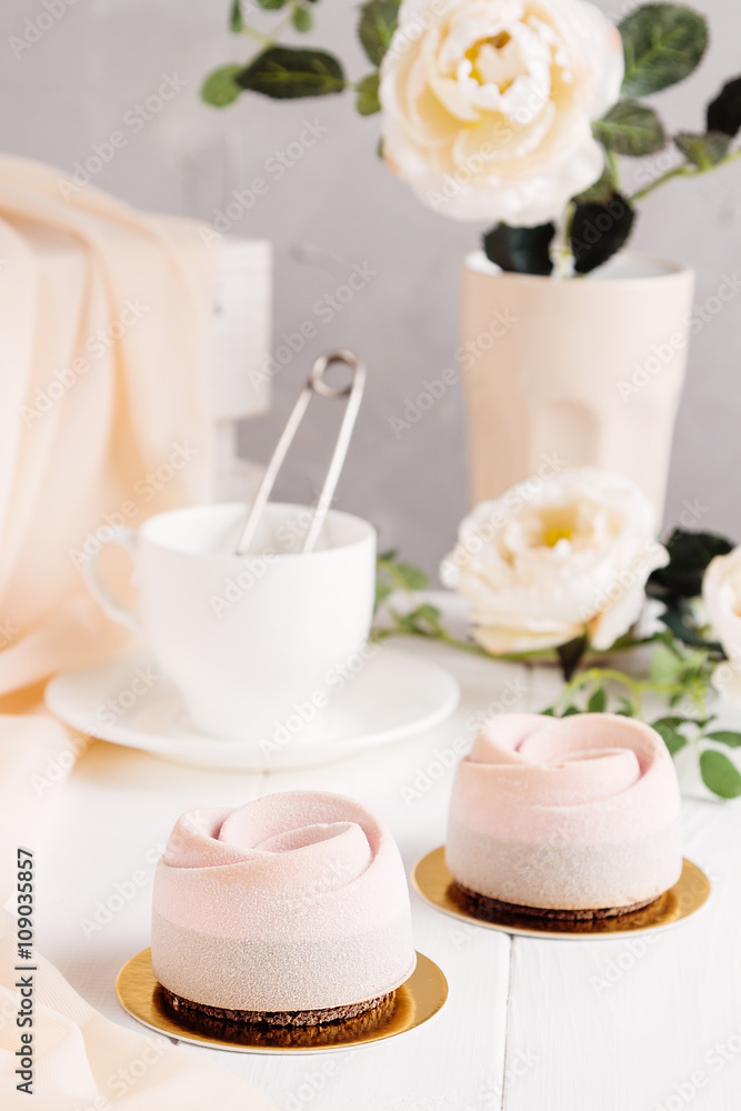 Pink mousse cake with velour coating