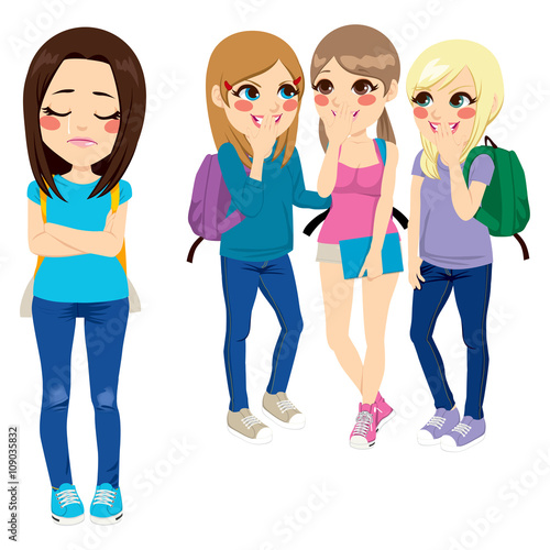 Three school girls bullying poor sad girl classmate
