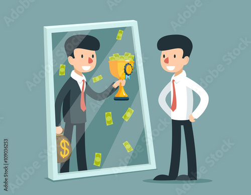 Businessman standing in front of mirror and see himself being successful. Vector business concept
