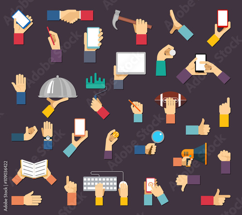 Hands with objects. Vector hands hold devices and tools