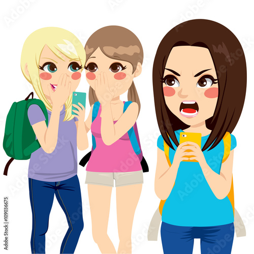 Two student girls making cyber bullying with smartphone to student girl reacting angry