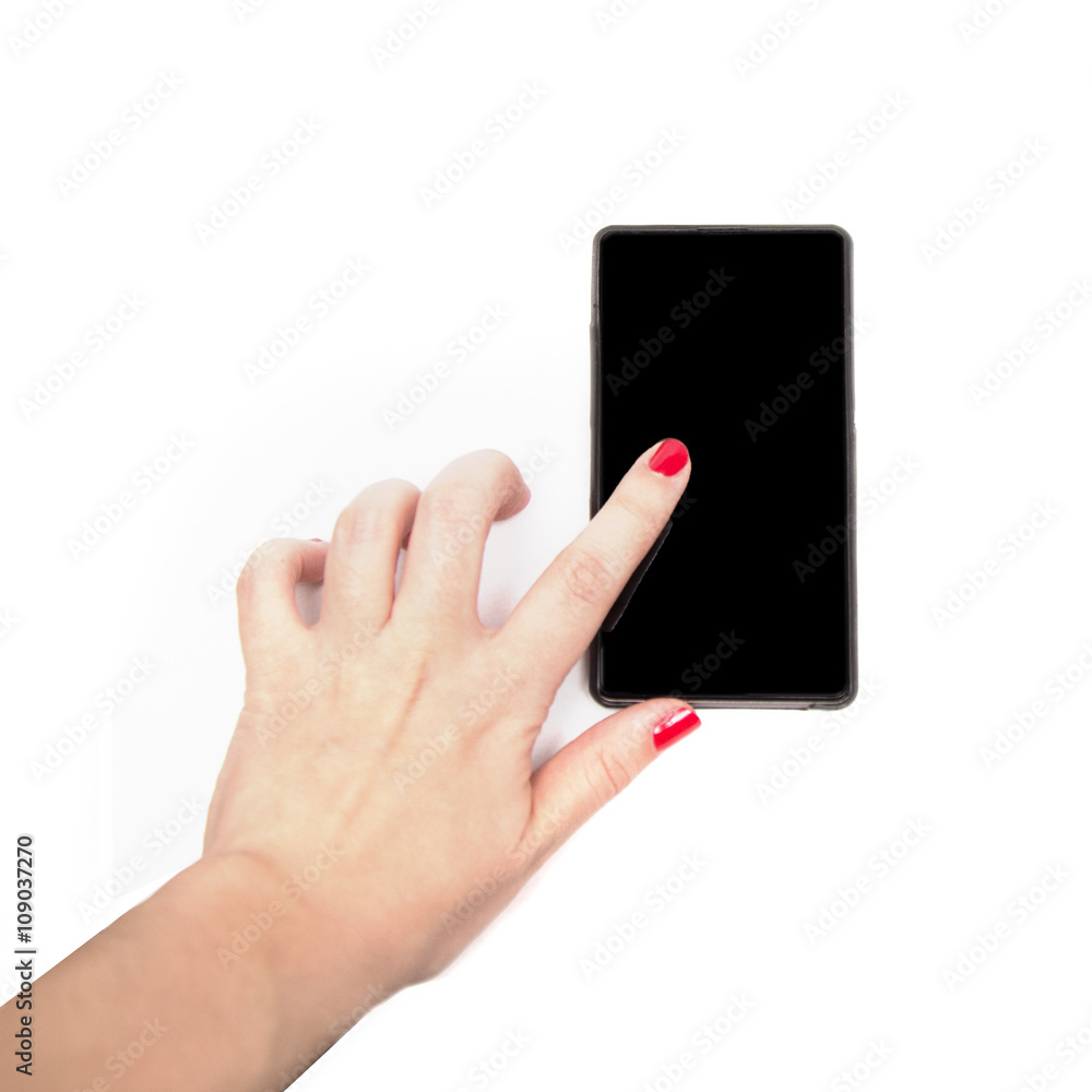 woman hand holding smart phone isolated woman hand holding smart phone isolated