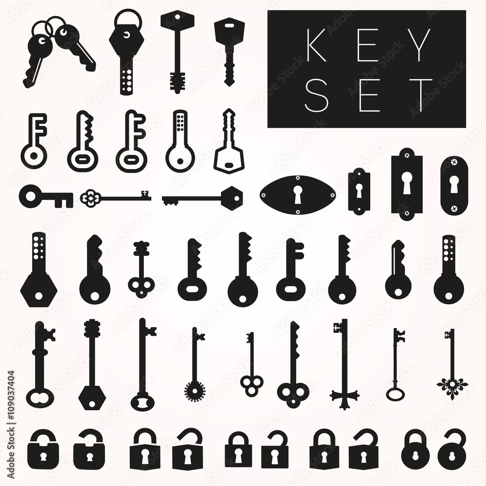 Set of keyholes, modern keys, decorative old keys and locks icons. Vector illustration. Set of keyholes, modern keys, decorative old keys and locks icons. Vector illustration.