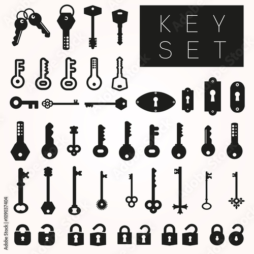 Set of keyholes, modern keys, decorative old keys and locks icons. Vector illustration.