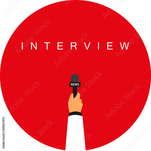 Hand with microphone. The inscription in the circle of interview