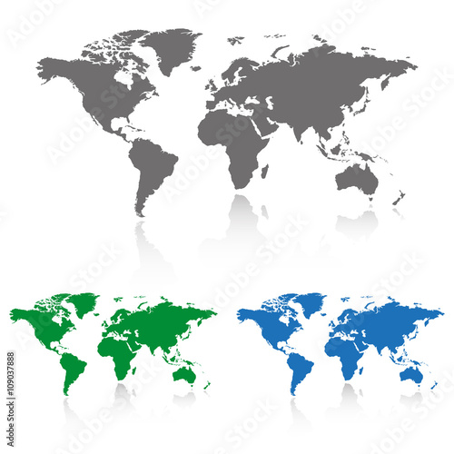 Gray, green and blue world map with shadow. Set of the world map