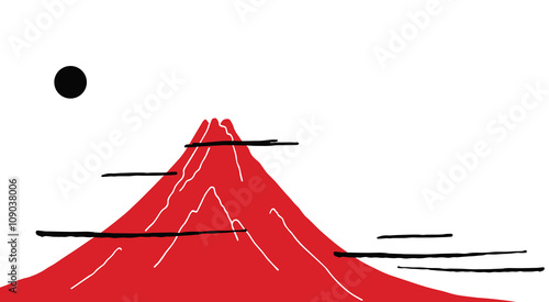 Japanese style background with mountain Fuji San clouds and sun