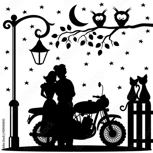 Romantic couple, bike, two cats and two owls.