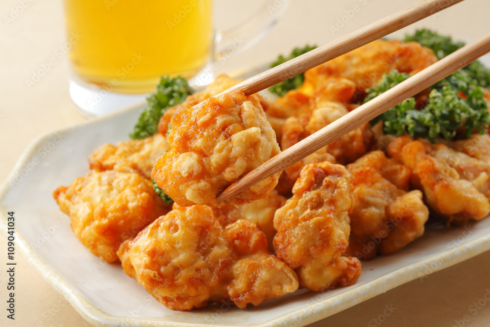 鶏の唐揚げとビール Fried chicken and beer 鶏の唐揚げとビール Fried chicken and beer