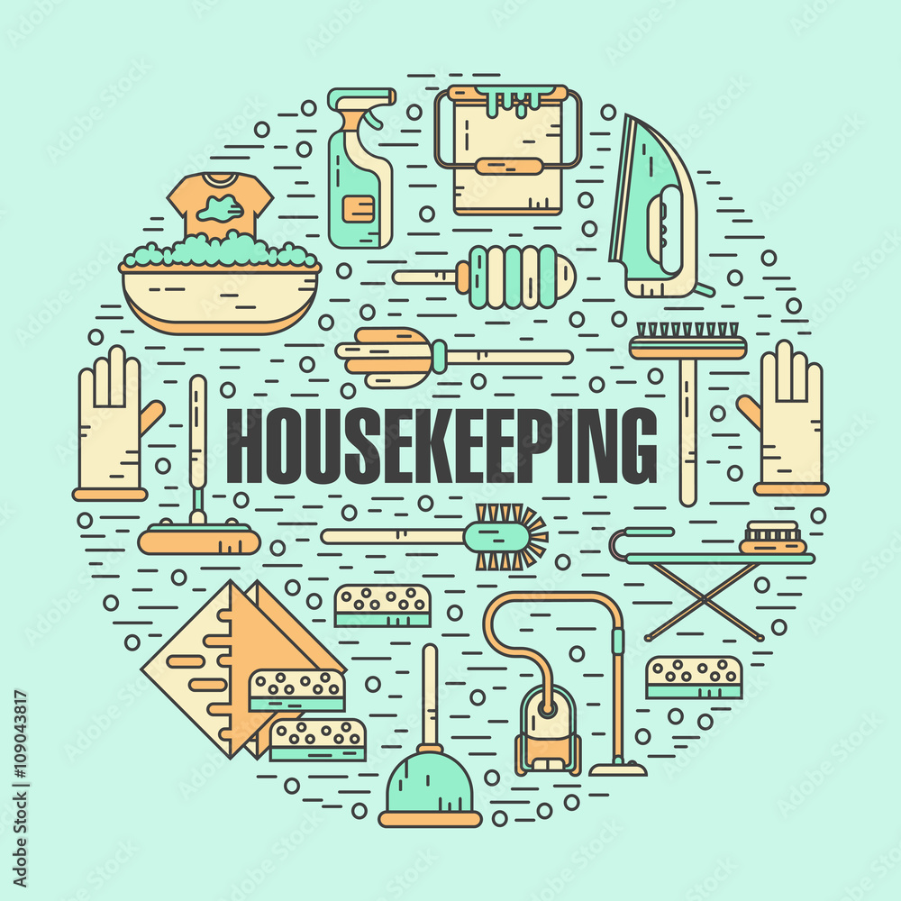 Obraz premium Vector modern line style color illustration of housekeeping. Vacuum cleaner, washing machine, gloves, brush, brush, bucket, broom, iron, wiper, sponges. Round shape icons concept.