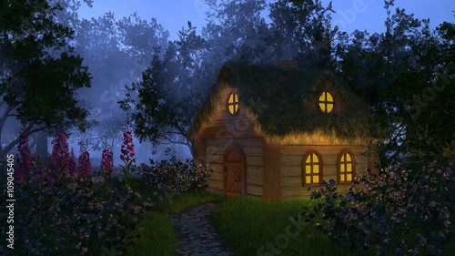 Fantasy cottage house with a dry grass roof and glowing windows in the middle of a mysterious dark forest. Ash trees in the fog. Flowers growing in front of the house. Magic forest. 3D illustration.
