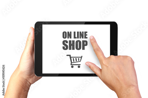 Hand holding digital tablet with online shopping on display, Online shopping concept