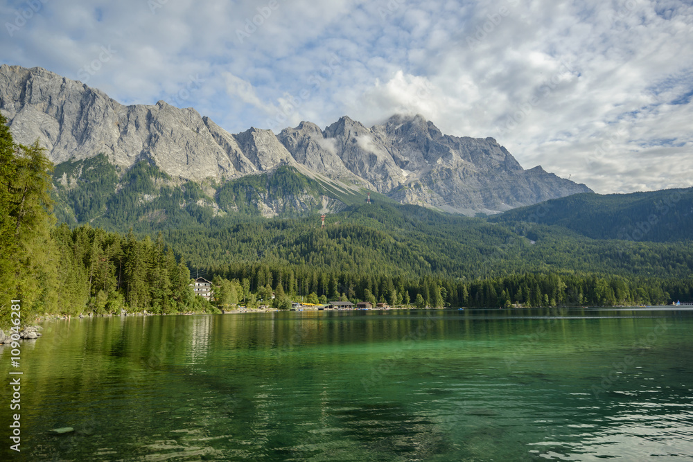 Eibsee lake and Zugspitze, at 2,962 meters, is the highest peak of the Wetterstein Mountains as well as the highest mountain in Germany, Europe

