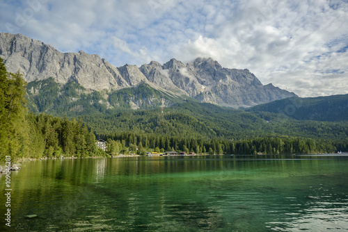 Eibsee lake and Zugspitze, at 2,962 meters, is the highest peak of the Wetterstein Mountains as well as the highest mountain in Germany, Europe 