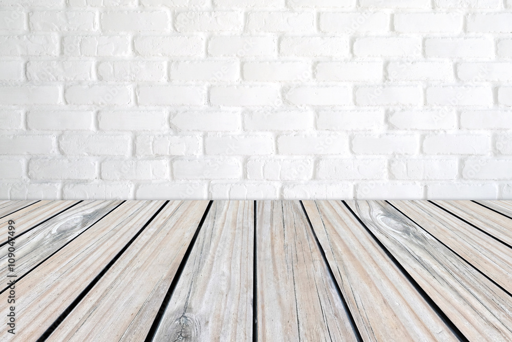 Perspective wood over white brick wall background