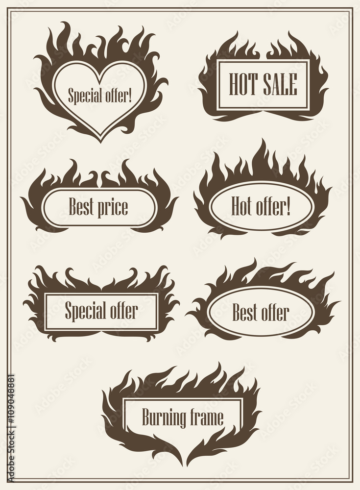 Set of burning fire frame borders hot sale and best offer symbols vector