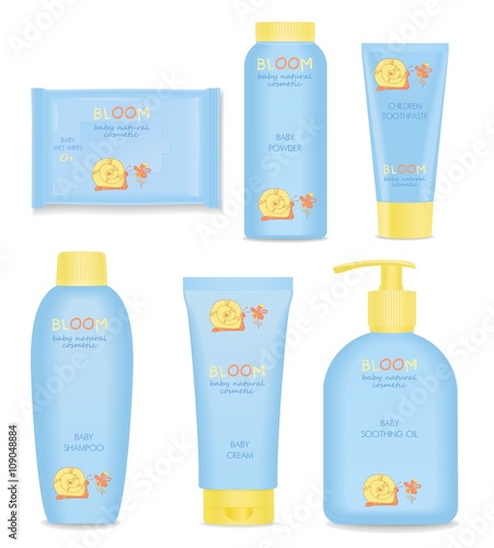 Baby cosmetic tubes with kids design. Vector