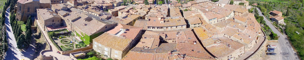 View of Pienza from helicopter. Small medieval Tuscan Town, Ital