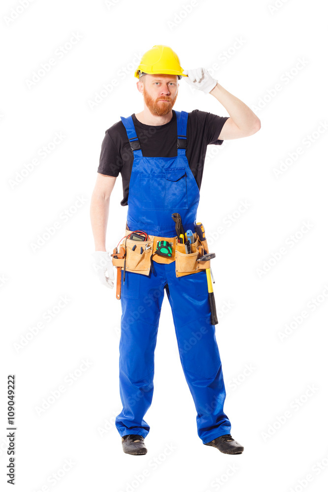 Man builder with set of construction tools, isolated Man builder with set of construction tools, isolated