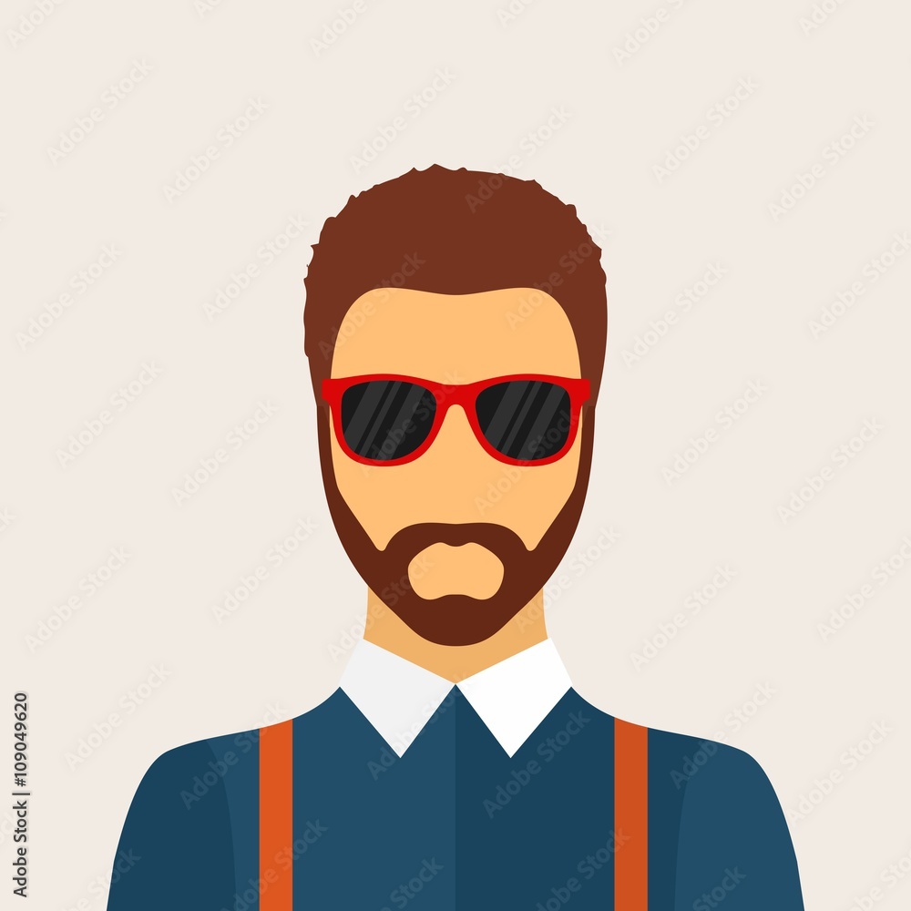 Hipster man character with beard, hairstyle and  glasses in flat style. Stylish young guy on background. Hipster avatar icon. Vector illustration